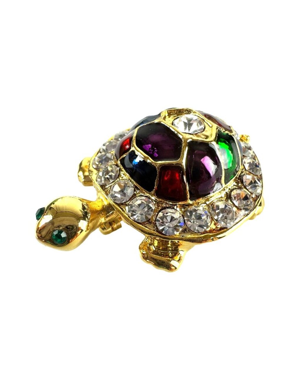 Gold Tone Jeweled Turtle Brooch Multicolor Crystal Accents & Enamel